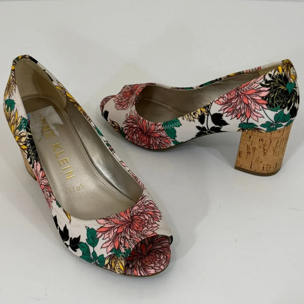 Anne Klein Meredith Pumps 7.5M Floral Peep Toe Cork Block Heel iFlex Comfort